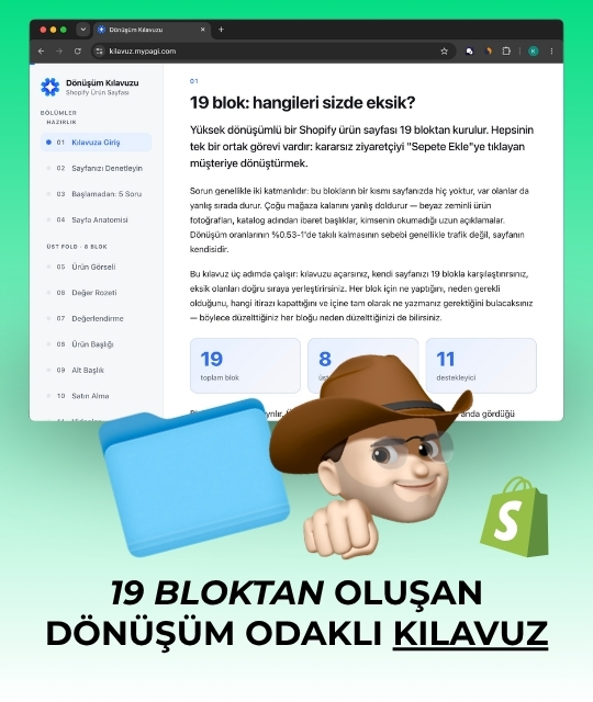 PAGI kılavuzunun tarayıcıdaki görünümü ve örnek optimize ürün sayfası